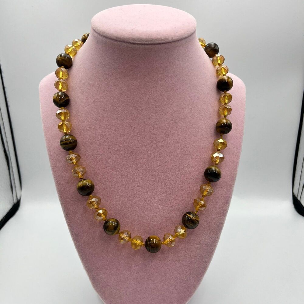 Really nice faceted citrine and large tigers eye hand knotted beaded Necklace